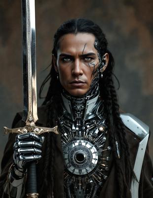 The primary subject of the image is a man wearing a futuristic outfit, which includes a sword and a cybernetic head. He is standing in front of a brown wall, which serves as the setting for the scene. The visual style of the image is a combination of photo and digital art, creating a unique and intriguing atmosphere. The dominant colors in the image are brown and silver, which contribute to the overall mood of the scene.